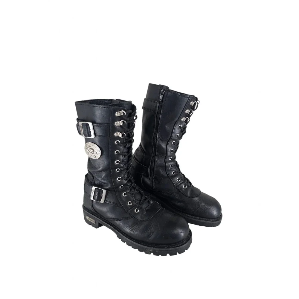Xelement X19409 Fury Mens 9.5 Black Leather Motorcycle Biker Boots Lace Side Zip